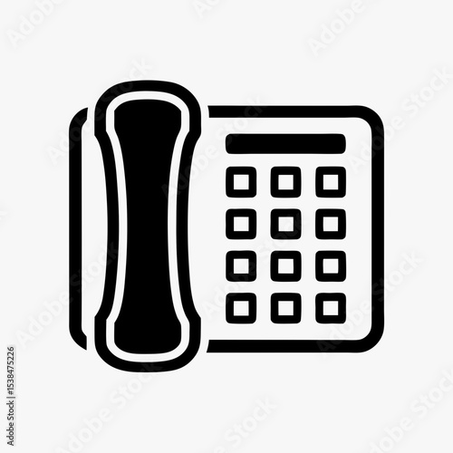 Office landline telephone icon in black and white, symbolizing communication, contact, and customer service
