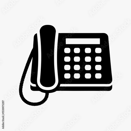 Office landline telephone icon in black and white, symbolizing communication, contact, and customer service
