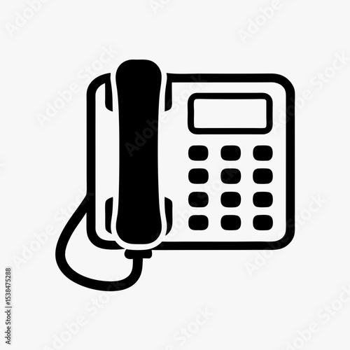 Office landline telephone icon in black and white, symbolizing communication, contact, and customer service
