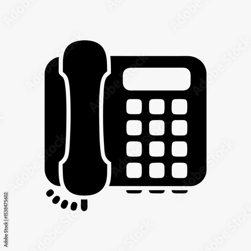 Office landline telephone icon in black and white, symbolizing communication, contact, and customer service
