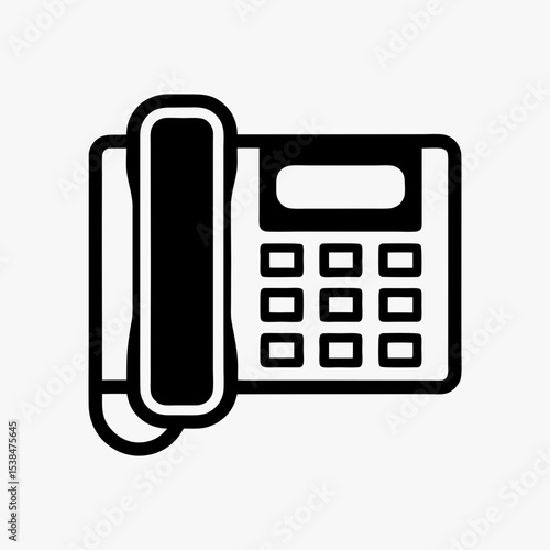 Office landline telephone icon in black and white, symbolizing communication, contact, and customer service
