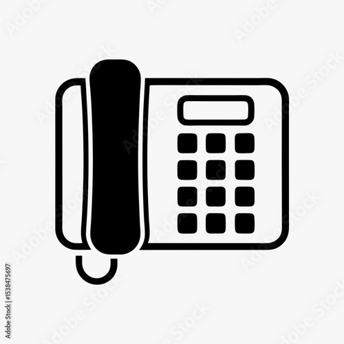 Office landline telephone icon in black and white, symbolizing communication, contact, and customer service
