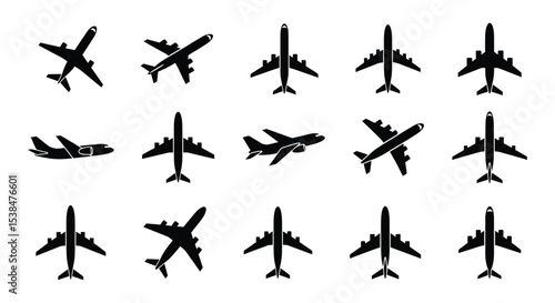 Collection of black airplane silhouettes depicting transportation and travel concepts in flight