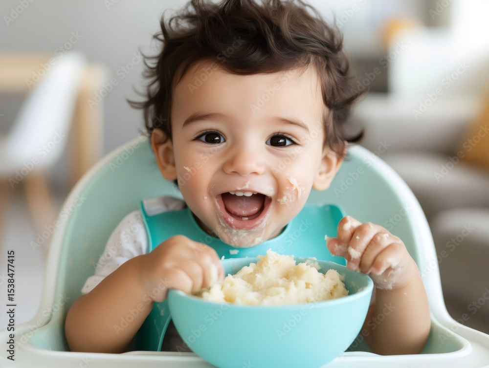 Happy baby enjoying a messy meal in high chair Happy baby enjoying a messy meal in high chair