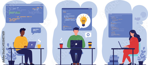 Dedicated web developers crafting innovative digital solutions, programming vibrant user interfaces, coding secure backend  flat vector illustration