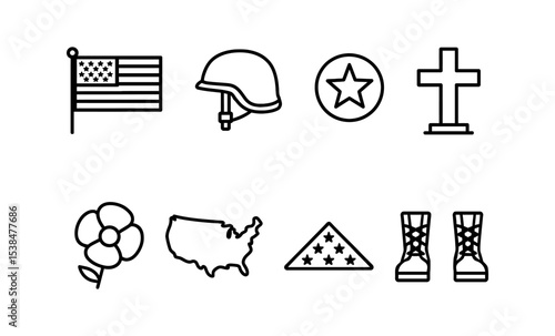 Memorial day symbols: flag, helmet, star, cross, flower, map, folded flag, boots icons set vector illustration