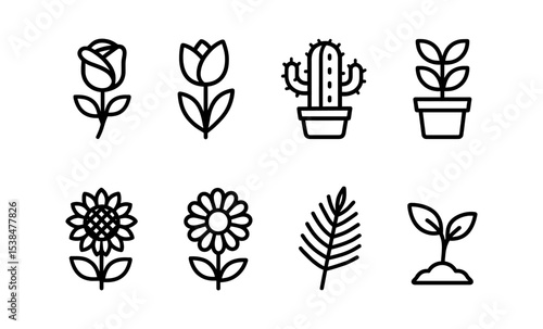 Simple line art of various flower and plant icons for design projects vector illustration