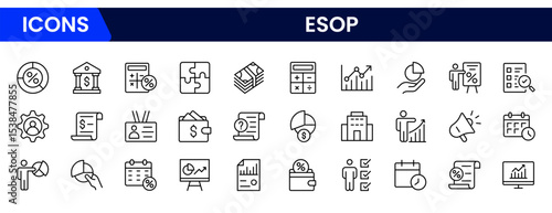 Strategic vector web line icons depicting ESOP, employee ownership, stock plans, benefits, and financial empowerment for workforce engagement.