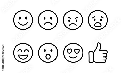 Minimalist emoji set: expressive faces and thumbs up icon for diverse communication vector illustration
