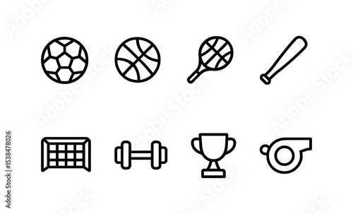 Minimalist sports icon set featuring ball, bat, racket, goal, and trophy designs vector illustration