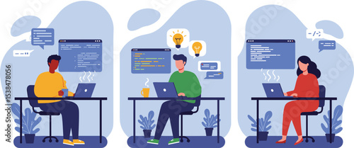 Diverse software developers coding innovative applications, programming responsive websites, collaborating on digital solutions,  flat vector illustration