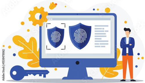 Digital identity protection, security concept, biometric fingerprint scan, shield icon, technology, data privacy, cybersecurity, personal information security ,flat vector illustration