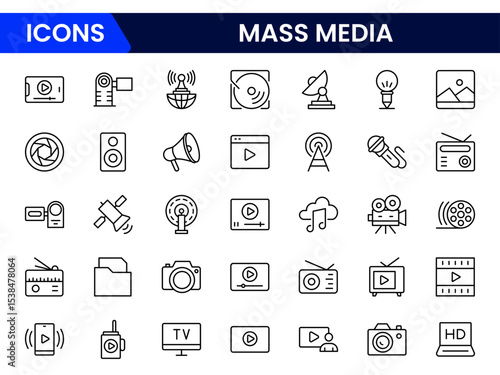 Dynamic vector web line icons depicting mass media, journalism, broadcasting, news, television, and digital communication for global information sharing.