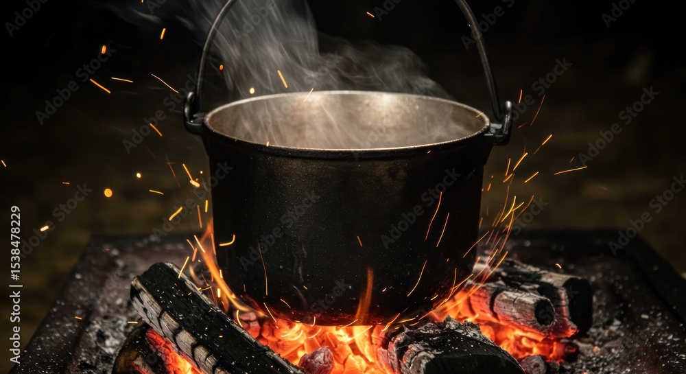 Steaming pot on a campfire Steaming pot on a campfire