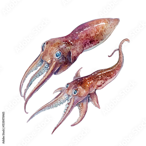 A Mother Squid With Her Kid, watercolor illustration vector, isolated on a white background.