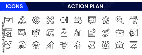 Strategic vector web line icons depicting action plans, goals, timelines, tasks, and organized workflows for effective project execution.
