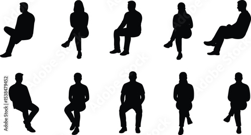 Silhouette of seated people, male and female sitting poses, side and front view, vector illustration, modern design, human figure collection