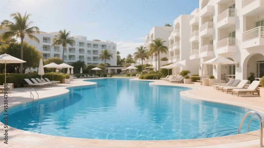 Fototapeta premium Resort Pool with Surrounding Buildings and Palm Trees
