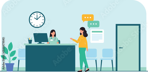 Modern doctor’s office scene with a receptionist and patient chatting, waiting area, healthcare service, medical consultation, professional environment flat vector illustration