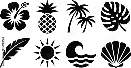 Simple black and white tropical icons set for design
