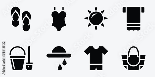 Summer vacation icons beach essentials and sun