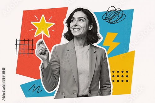Creative collage of businesswoman holding a bright star, symbolizing innovation and new ideas