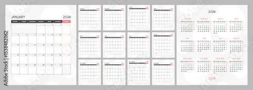 Monthly calendar red square planner schedule for 2026 year. Week Starts on Monday
