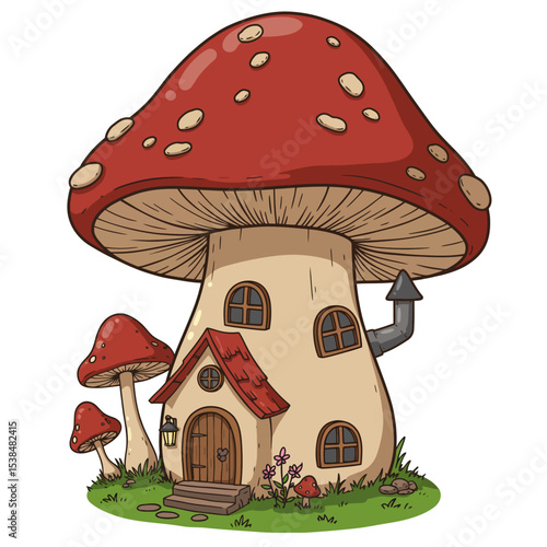 Fairytale mushroom houses, forest fairy home in plants and berries, Cute fantasy houses gnomes isolated vector illustration collection