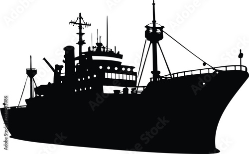 Silhouette of a Large Cargo Ship or Freighter Against White Background