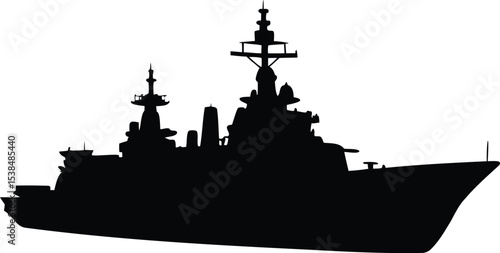 Silhouette of a modern warship at sea against a white background