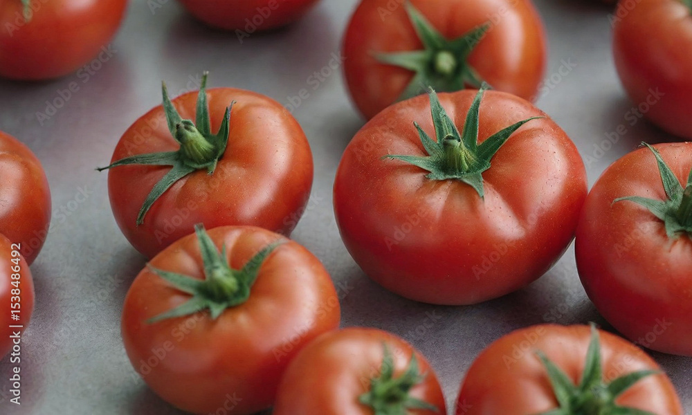 The image features several ripe, red tomatoes scattered across a dark, possibly wet, surface. Each tomato has a green stem still attached, and some appear to have small water droplets on their skin, s The image features several ripe, red tomatoes scattered across a dark, possibly wet, surface. Each tomato has a green stem still attached, and some appear to have small water droplets on their skin, s