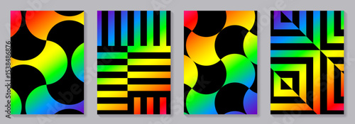 Abstract gradient geometric patterns on black background vector set for cover template. Music poster design. Trendy design for music festival, club, party, cards, flyer, social media, ads.