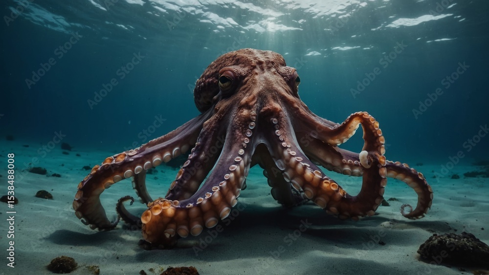 Obraz premium Underwater View of an Octopus Resting on a Sandy Seabed with Sunlight Filtering Through
