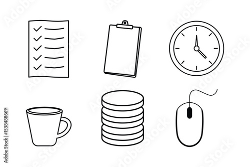 Checklist Coffee Clock and Office Essentials Icon Set