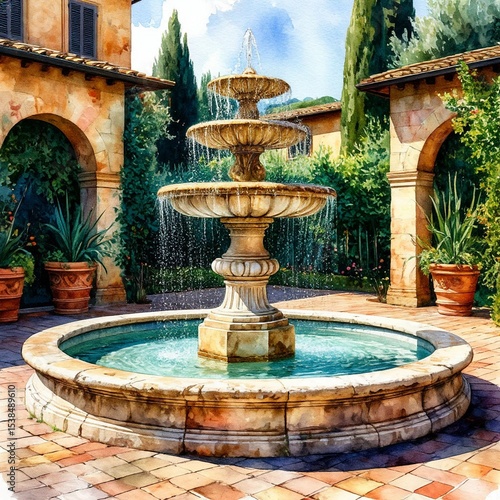 Fototapeta Naklejka Na Ścianę i Meble -  Stone fountain in the Italian province. Watercolor illustration. Houses with tiled roofs, pots with flowers, arches and cypresses. Stone gazebo covered with ivy. Theme of travel, nature and vacations