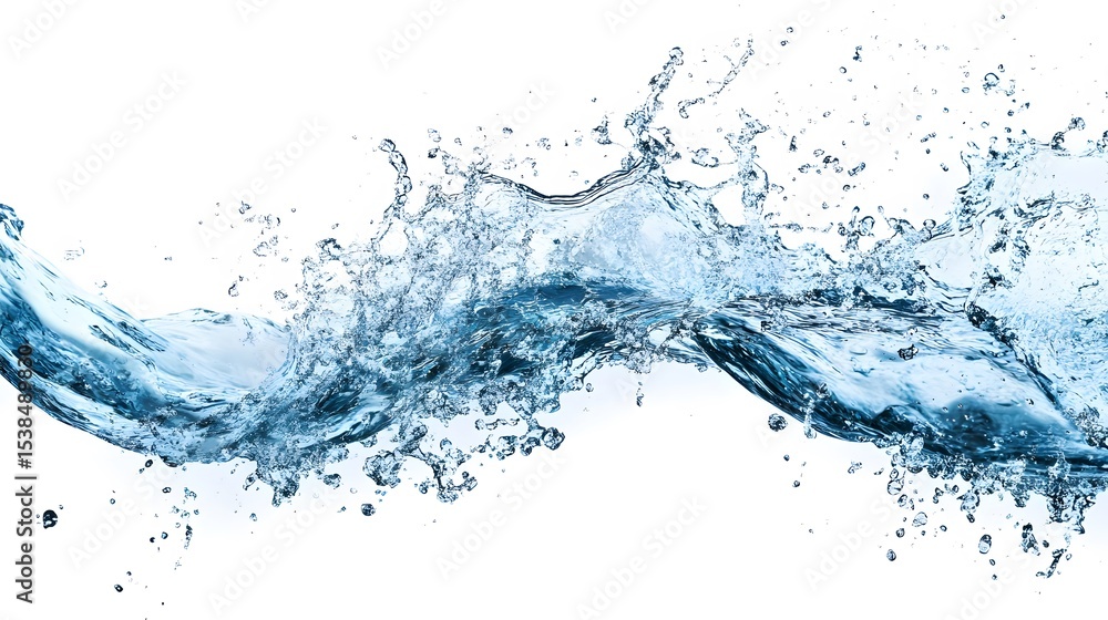 A dynamic splash of water frozen in time against a pristine white backdrop showing water movement A dynamic splash of water frozen in time against a pristine white backdrop showing water movement