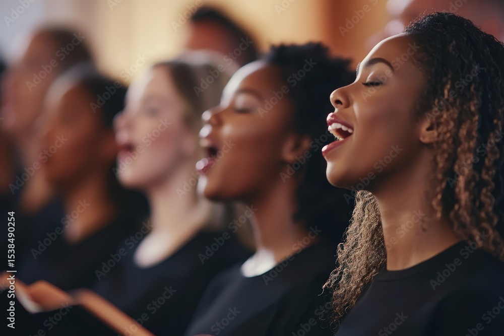 Multiracial choir harmonizes in perfect unity during an evening performance at a local community center Multiracial choir harmonizes in perfect unity during an evening performance at a local community center