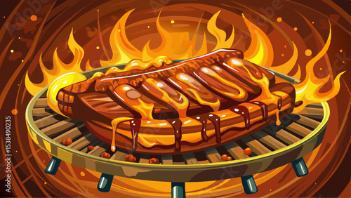 Grilled bbq ribs glazed with honey on a smoky grill Very beautiful