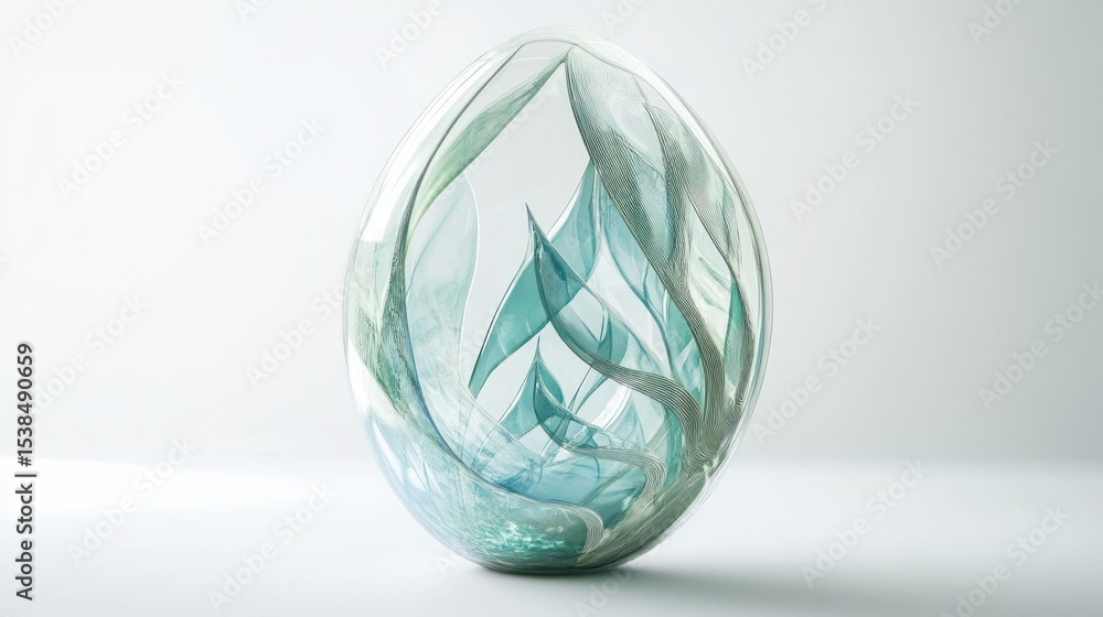 Elegant hand blown glass sculpture with intricate leaf design on white background Elegant hand blown glass sculpture with intricate leaf design on white background