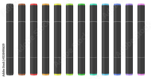Set of black dual tip markers. Rainbow palette. Coloring or sketching supplies. Water-based or alcohol marker pen.