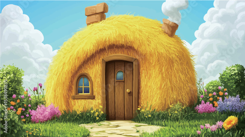Adobe IllustratA small and simple house made of straw, rustic eco-friendly hut with thatched roof in minimalist flat vector style, symbolizing sustainability and rural livingor Artwork