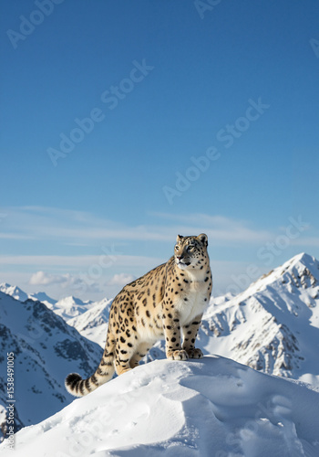 Majestic Snow Leopard Alert and Watchful on Snowy Mountain Peak Against Clear Blue Sky