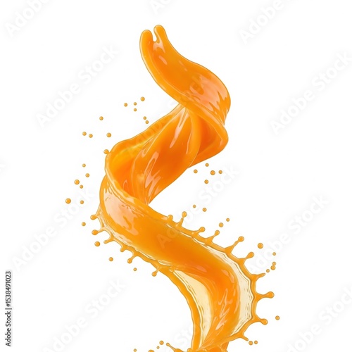 A bright splash of orange juice swirls into a dynamic spiral on a white background. Close-up with high-quality textures and drops, evoking freshness and energy.