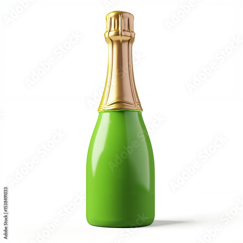 Elegant Green Glass Champagne Bottle with Gold Cap on White Background with Space