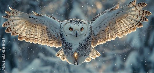 Snowy Owl in Flight with Yellow Eyes Against Snowy Icy Landscape