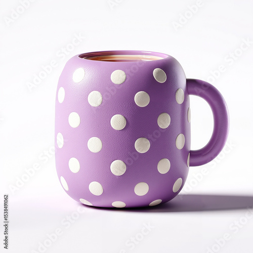 Lavender Mug with White Polka Dots Full of Tea on Clean White Background with Space