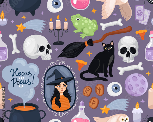 Halloween seamless pattern. Magic halloween cartoon illustration on a dark gray background. Witch, cauldron, broom, skull, black cat, owl, frog, candles, moon. Design for wrapping paper, print.