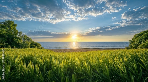 Vibrant Sunset Over Calm Ocean Viewed Through Tall Green Grass