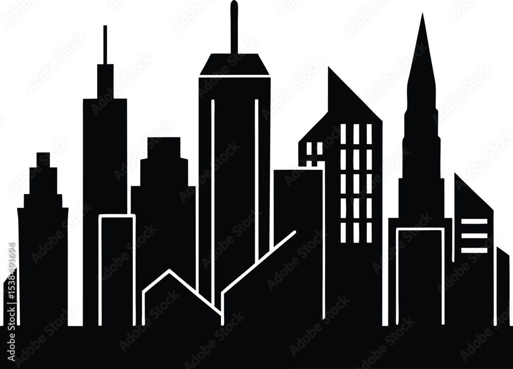 Obraz premium Bold black silhouette of a downtown skyline in vector art