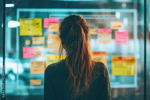 Girl viewing kanban board with colorful sticky notes, planning a project in the late evening for an efficient project management workflow